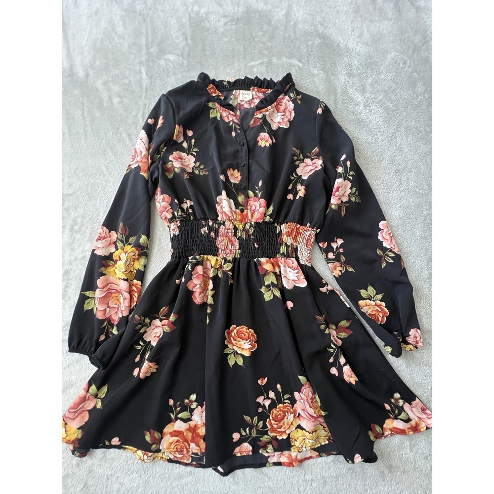 205 Collins Womens Dress L Black Floral Long Sleeve Smocked Mini Boho